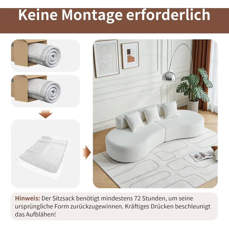 DESVIAE Sofa 3-Sitzer mit Kissen 277x68x103 cm Samtstoff Weiß – Bild 4