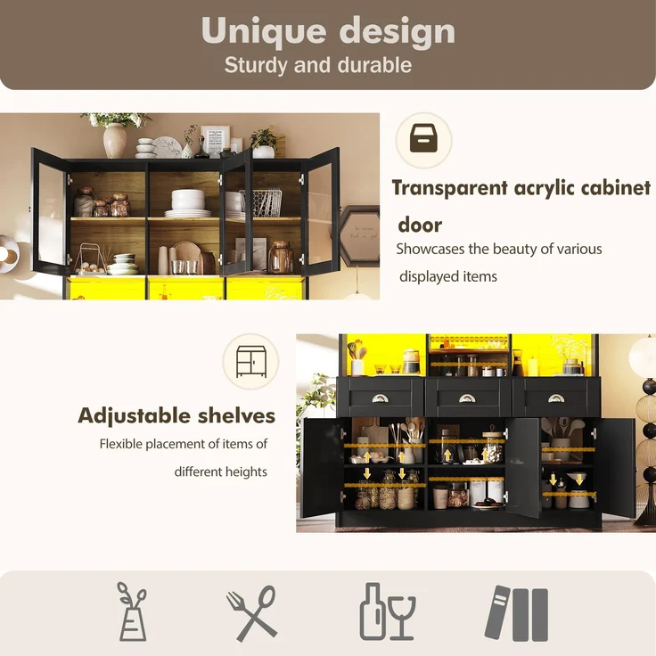 Küchenschrank(140×40×175cm), Hochschrank Küchenbuffet, Vitrinenschrank, Buffetschrank mit Verstellbaren Ablagen, Sideboard mit LED-Beleuchtung,Variable Lichtfarben, Weiß/Schwarz – Bild 4