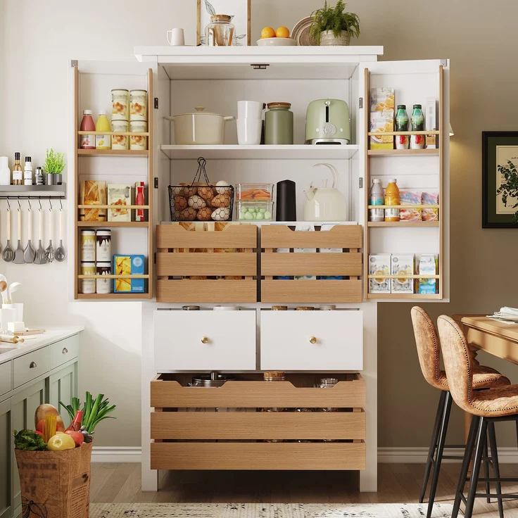 Küchenschrank (80x40x140cm), hohes Küchenbuffet, Mehrzweckbuffet, Snackschrank, Aufbewahrungsmöbel mit zwei Türen und fünf Schubladen, schwarz/weiß – Bild 2