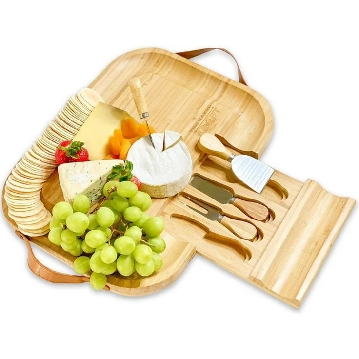hausleben Käsebrett Bambus-Käsebrett und Messer-Set – Holz-Charcuterie-Brett mit, (1-St), Ledergriffen und herausziehbarer Schublade – Bild 4