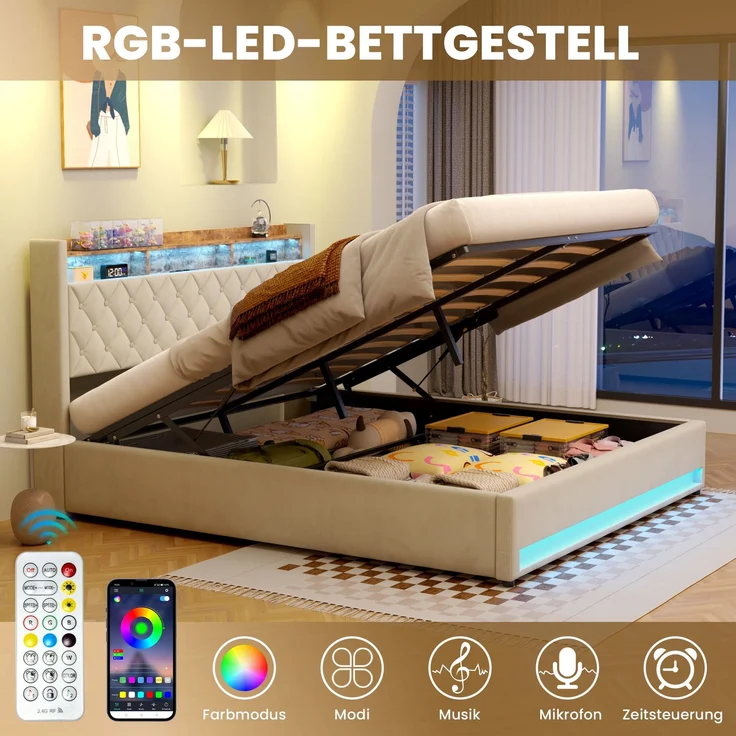 Polsterbett aus Samt mit hochelastischer Polsterung & Lattenrost, ohne Matratze, 180x200 cm, Beige – Bild 7