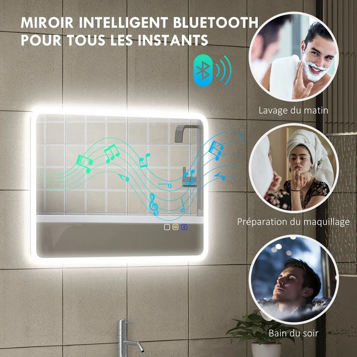 LED-Badezimmerspiegel mit Bluetooth, 50 x 70 cm, Touch-Schalter, dimmbares Licht, 3 Farben, beschlagfrei, Speicherknopf, silber – Bild 7