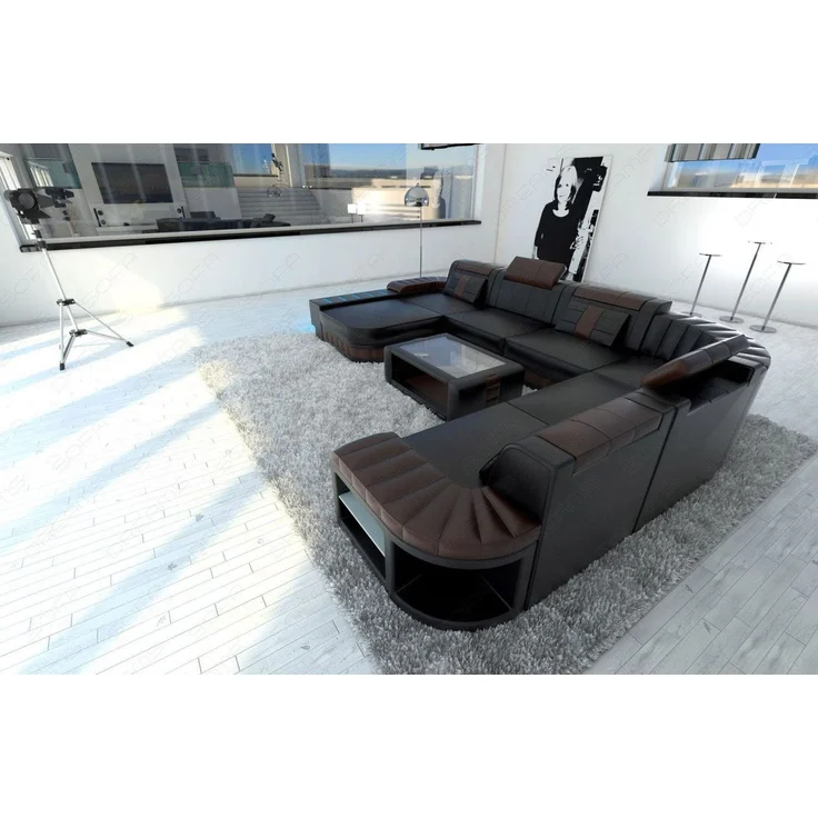 Mini XXL Leder Wohnlandschaft Bellagio - Kunstleder - Schwarz-Dunkelbraun - Links – Bild 6