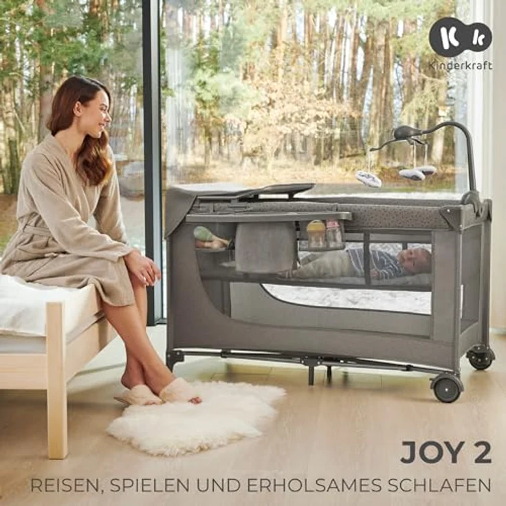 Kinderkraft Joy 2 Acc Kinderbett, 3 in 1 Kinderreisebett, Babybetten, Kinderbett, Reisebett, Modernes Design, Kleine Abmessungen nach Zusammenklappe, Praktisches Zubehör, Räder, Beige – Bild 3