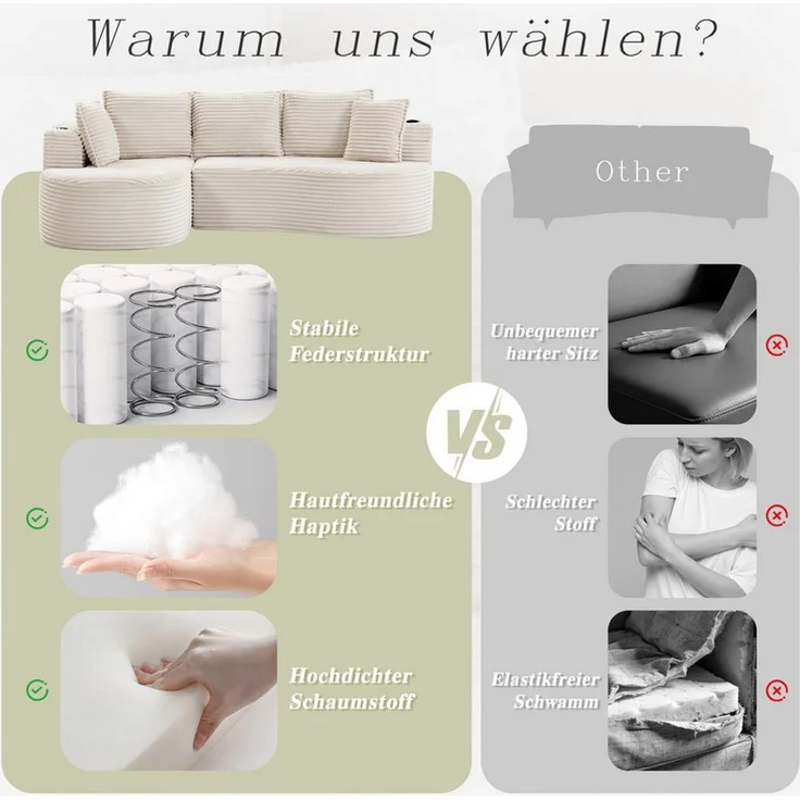 Celya Sofa Bogesofa Cord mit Becherhalter und Stauraum, mit Becherhalter und Stautasche. Inkl. Kissen – Bild 4