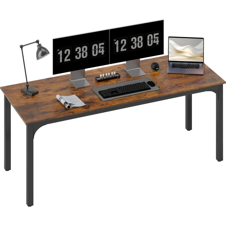 MELAYR, Schreibtisch, Computertisch, rustikales Design, viel Platz, Spanplatte, Braun, 200 x 60 x 75 cm, Rustikal-Braun