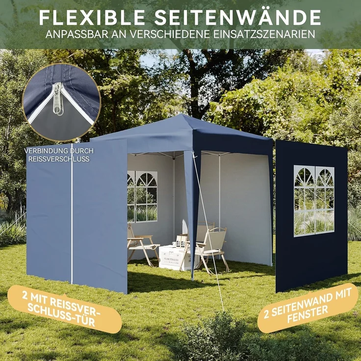 Aoxun Pop Up Pavillon 2x2m Wasserdicht mit 4 Seitenwänden, Metallrahmen-Schutzzelt, Höhe Verstellbar, Faltpavillon 2x2 mit Tragetasche für Camping Party, Blau – Bild 5