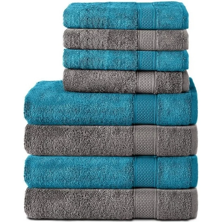 Komfortec 8er Handtuch Set aus 100% Baumwolle, 4 Badetücher 70x140 und 4 Handtücher 50x100 cm, Frottee, Weich, Towel, Groß, Anthrazit Grau/Türkis – Bild 4