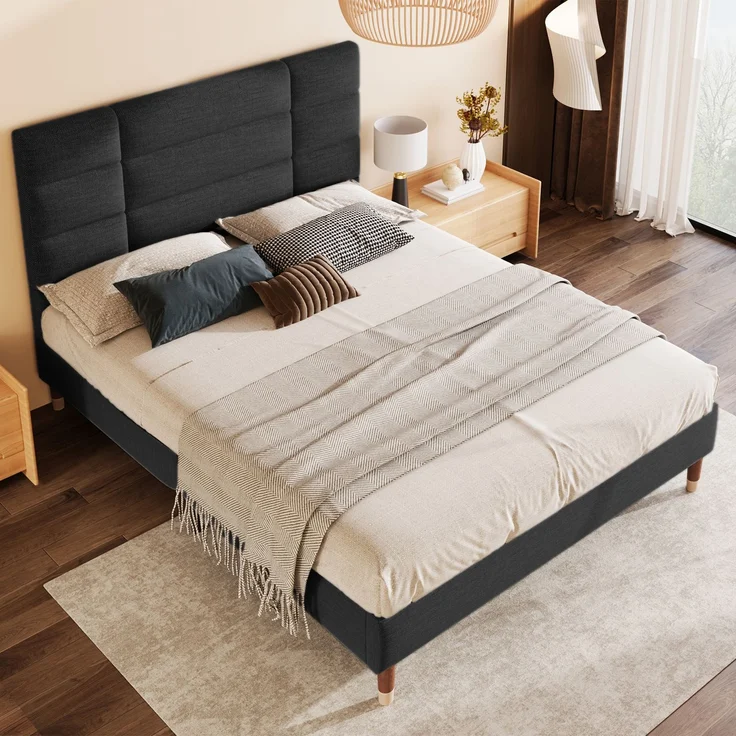 Polsterbett 140x200 cm Doppelbett mit Lattenrost und Kopfteil, Leinenbezug in Schwarz, für Erwachsene & Jugendliche – Bild 3