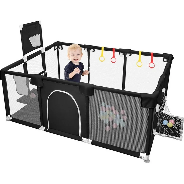 JEOBEST Laufstall Baby Laufgitter - Große Sicherheitsspielplatz, 180x120x66cm - mit Basketball-Netz 50 Ozeanbälle und 4 bunten Ringen – Bild 2