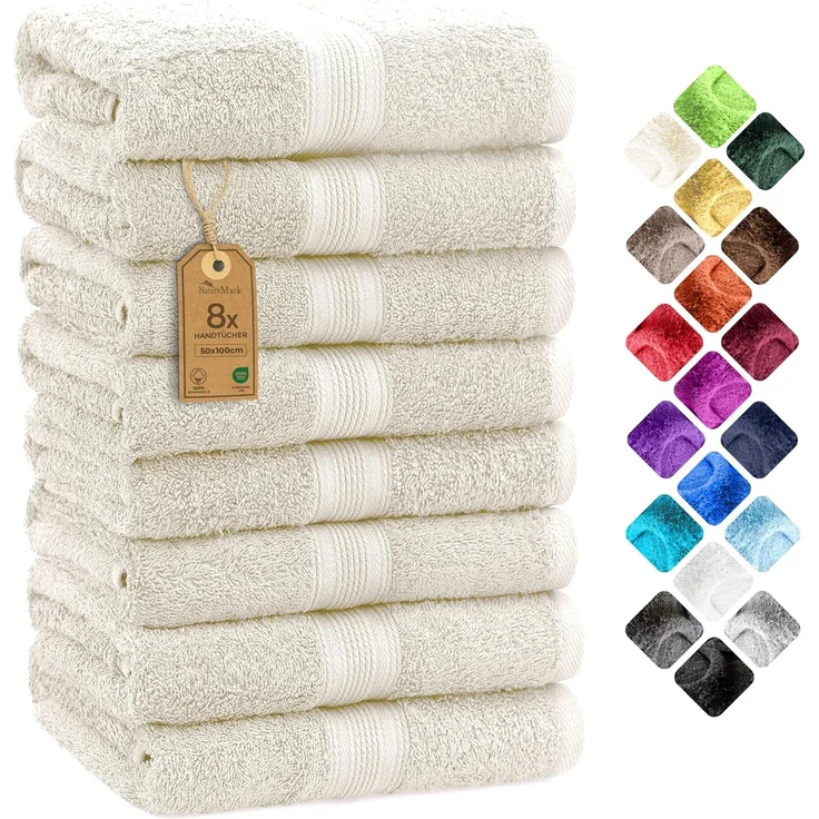NatureMark NM-HT0861 Frottier Handtücher, 8-er Pack, 50x100 cm, 100% Baumwolle, Natur/Creme