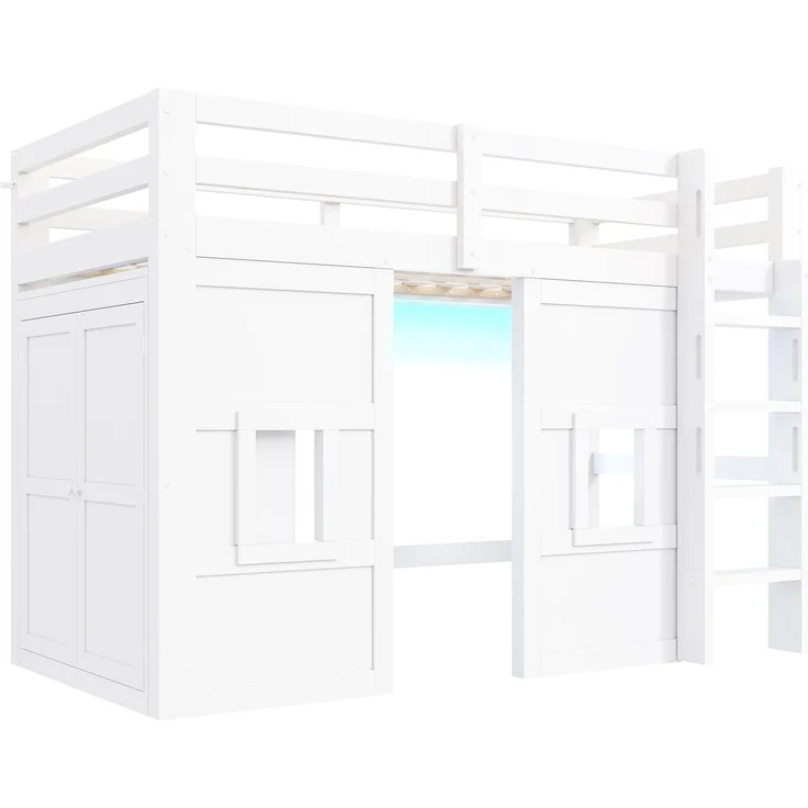 90 x 200 cm großes Hochbett aus Holz mit integriertem Kleiderschrank, 2 Fenstern und LED-Beleuchtung, weiß – Bild 10