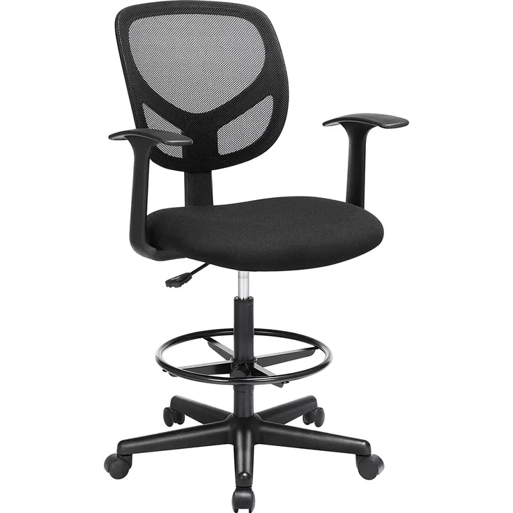 SONGMICS Arbeitsstuhl, Ergonomischer Bürostuhl mit Armlehnen, Sitzhöhe 55-75 cm, Hoher Drehstuhl mit verstellbare Fußring, Belastbarkeit 120 kg, Schwarz OBN25BK