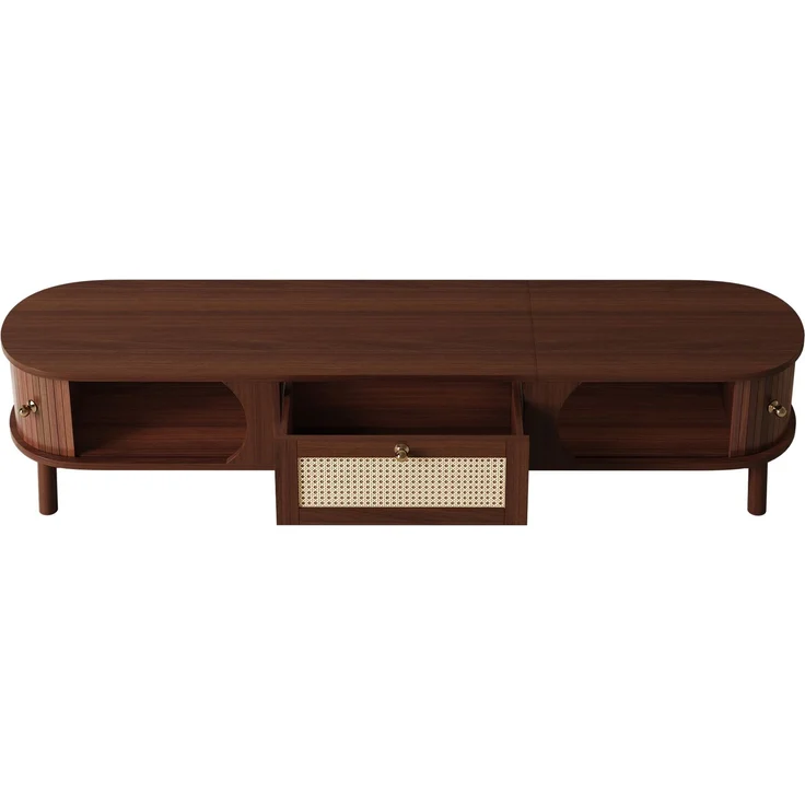 TV-Schrank Holz mit Rattanschubladen, Massivholztüren, Schiebetür, stabiles Design,Walnuss – Bild 7