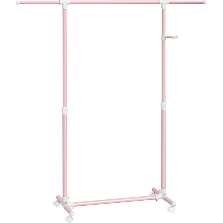 SONGMICS Kleiderständer auf Rollen, Kleiderstange, höhenverstellbar zwischen 97 und 165 cm, ausziehbare Garderobenstange, Garderobenständer, seitliche Haken für Accessoires, pastellrosa LLR001R02 – Bild 1