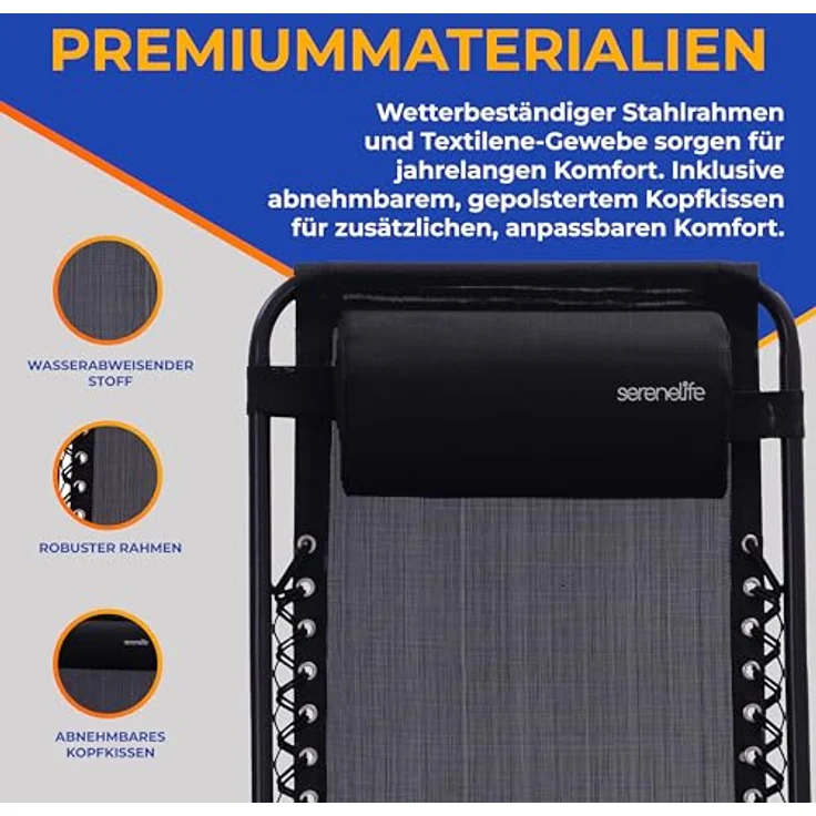 SereneLife Liegestuhl, Gartenliege Klappbar, Strandliege, Sonnenstuhl als Gartenbett mit atmungsaktivem Textil, Verstellbar zum Liegen für Garten & Camping mit Seitentisch, Kopfkissen & Getränkehalter – Bild 7