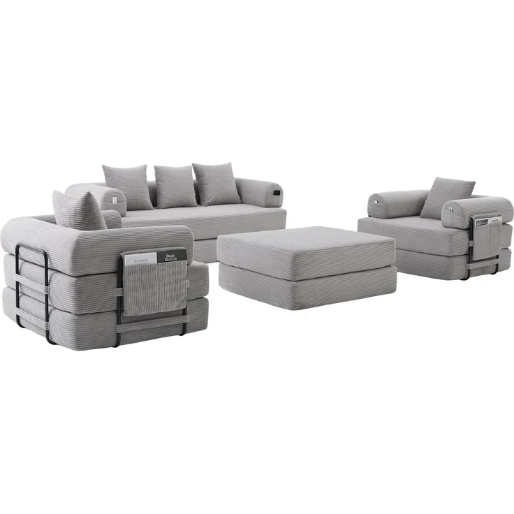 Sofa-Set modular mit flexibler Sitzfläche, 3-Sitzer, Sessel & Hocker 200x190x67 cm, Cord Hellgrau – Bild 10