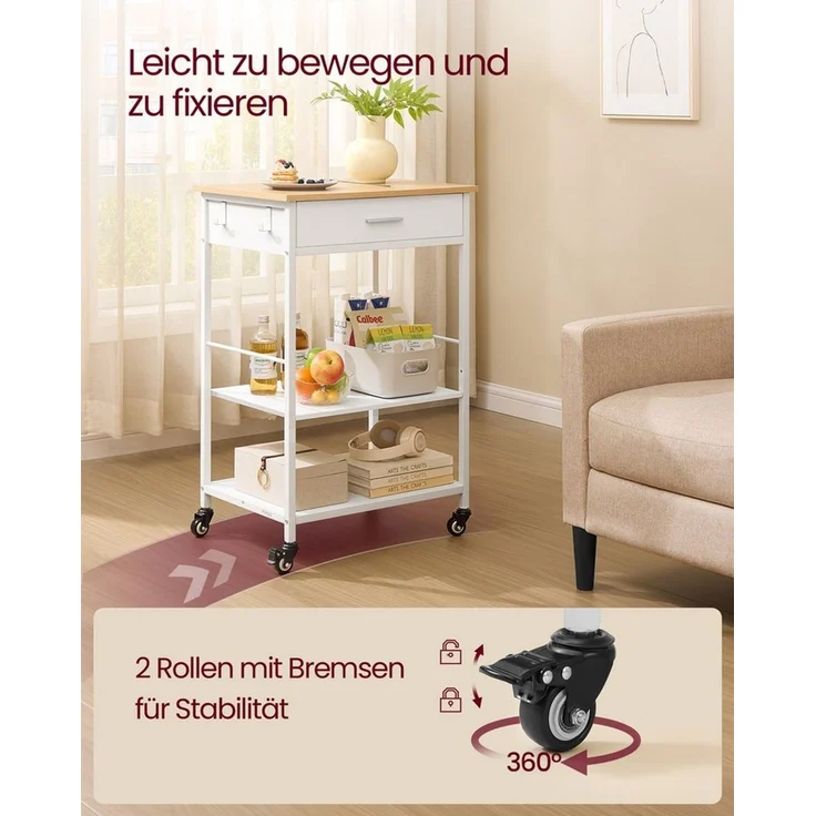 VASAGLE Küchewagen mit Rollen, mobiler Servierwagen mit Stauraum, Kücheninsel, 47 x 60 x 90 cm, Schublade, 2 Haken, für Esszimmer, eichenbeige-mattweiß – Bild 3