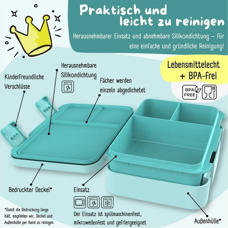 BEARFOOT Bento Box COMPACT Kinder Brotdose (Delfin-mint, 950 ml) | BPA-frei, auslaufsichere Lunchbox mit Fächern, für Schule & Kindergarten, für Mädchen & Jungen, leicht & kompakt – Bild 3