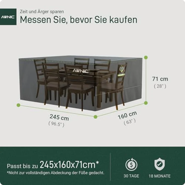 Awnic Abdeckung Gartenmöbel Winterfest 245 x 160 x 71 cm, Schwerlast 420D Oxford Gewebe Gartenmöbel Abdeckplane Wasserdicht mit Entlüftung, Anti-UV Reißfest Abdeckplane für Gartenmöbel Terrassenmöbel – Bild 7