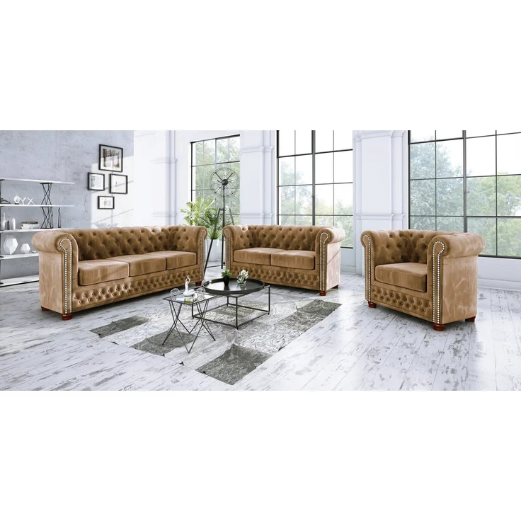 S-Style Möbel Chesterfield-Sessel Leeds aus Samt-Stoff mit Holzfüßen, mit Wellenfederung – Bild 2
