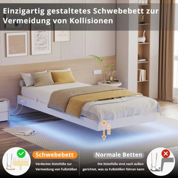 IRONCK Bettgestell 90x200 cm, Schwebender Bett mit LED Beleuchtung, Gepolsterte Seitenwände, 2 AC-Steckdosen, 2 USB-A-Anschluss, 1 USB-C-Anschluss, Metallbett mit Lattenrost Einzelbett, Weiß – Bild 4