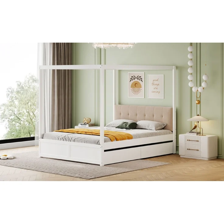EINHOM Himmelbett 140 x 200 cm mit Großen Schubladen und Weicher Rückenlehne, Holz Bett Weiß (Ohne Matratze) – Bild 5