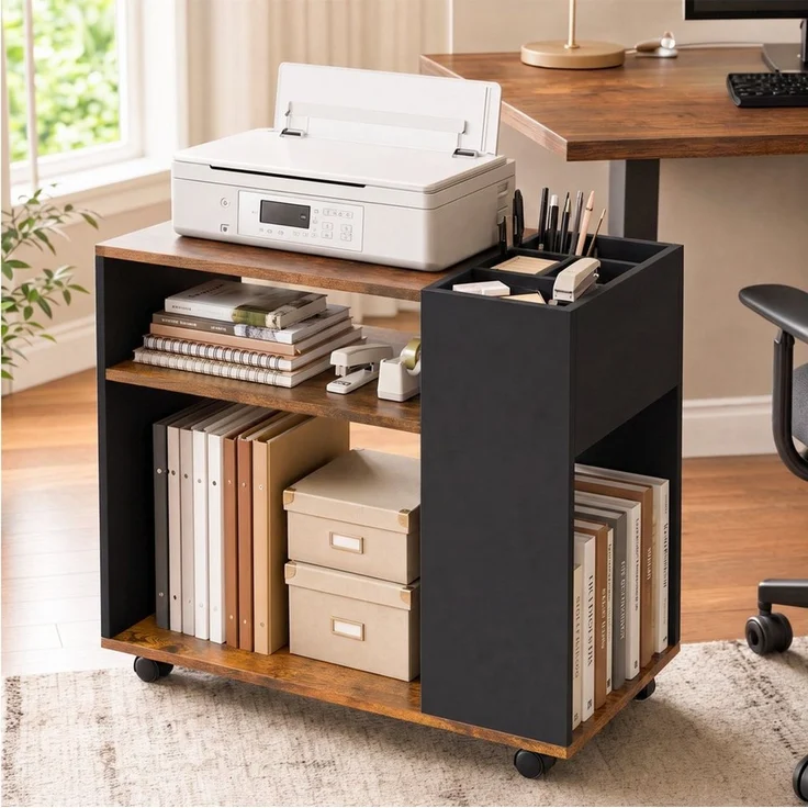 Mondeer Rollcontainer,Mobiler Aktenschrank mit Verstellbaren Fächern,Braun | Klein Büroschrank,Druckerständer,Schreibtisch Unterschrank,Wohnzimmer,Schlafzimmer,Büro,70 x 36 x 60 cm,Rustikales Braun Schwarz – Bild 2