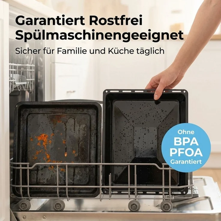 ICQN Backblech 465 x 370 x 30 und 60 mm Backblech Set mit Gitter, Emaille, (Set, 3-St, Fettpfanne und Verchromt Backofenrost), Passend für Bosch Neff Constructa – Bild 4
