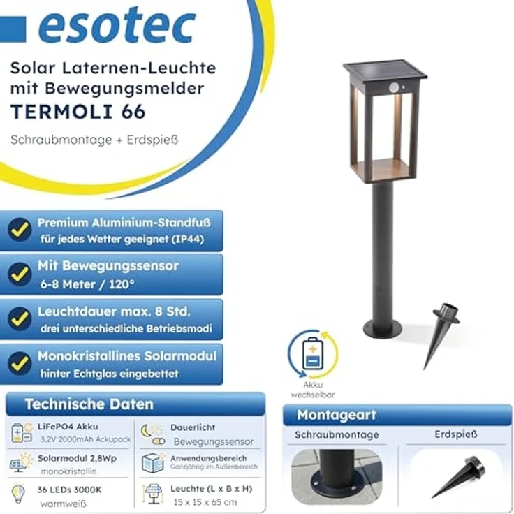esotec LED Gartenleuchte Solar PIR Standleuchte Termoli H=65cm 3 Modi 36 LEDs 3000K IP44 102757, Bewegungssensor, 3 unterschiedliche Betriebsmodi, Bewegungssensor, automatisches Einschalten bei Dämmerung, LED fest integriert, warmweiß – Bild 2