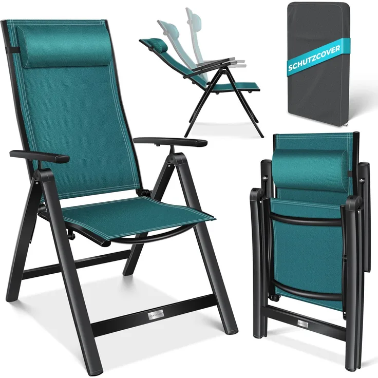 KESSER® Gartenstuhl Hochlehner mit Armlehnen | Aluminium Klappstuhl inkl. Kopfkissen Campingstuhl 7-Fach Verstellbar Rückenlehne | Atmungsaktiv & Wetterfest | Klappbar & Anti-Rutsch 1 Stück, Petrol Grün
