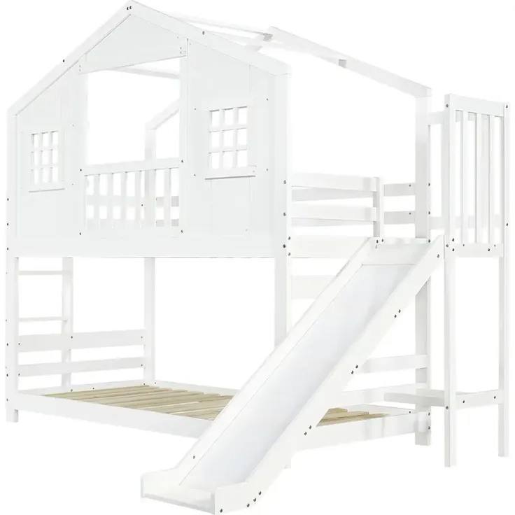 Etagenbett mit 2 Liegeflächen, Lattenrost, Rausfallschutz und Rutsche, 90x200cm, Hausbett, Spielbett, Kinderbett, Kiefer – Bild 8