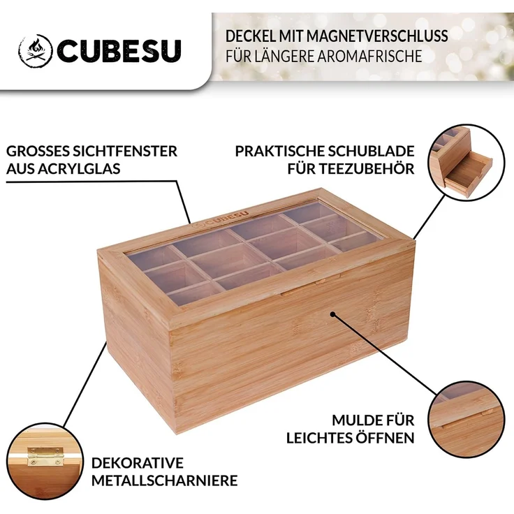 Cubesu Teebox Premium Holz Teebeutelbox Teekiste Teebeutel Box, Bambus, 12 Fächer mit Sichtfenster & Schublade – Bild 4