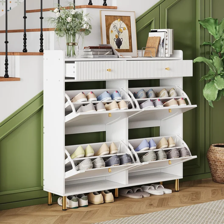 ZUBALIYA Schuhschrank (106,5 x 25 x 105,5 cm), 4 Klappfächer und 2 Schubladen, Verstellbare Einlegeböden, Aus MDF und Spanplatte, Weiß – Bild 1