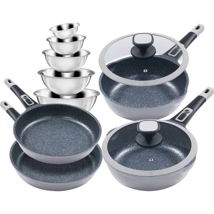 KING Pfannen-Set Moonscape, Aluminiumguss (Set, 11-tlg, je 1 Bratpfanne Ø 24/24/28/28cm, H: 5/7,5/5,5/8,5cm, - 1,9/2,8/2,5/4 l), Induktion, Moonscape-Beschichtung,inkl. 5 Schüsseln
