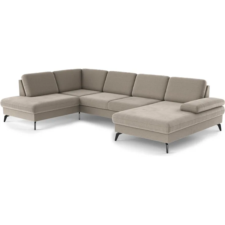 Cavadore Wohnlandschaft Moritz / Sofalandschaft mit Longchair im trendigen Design, Sitztiefenverstellung und mattschwarzen Metallfüßen / 212 x 82 x 335 / Mikrofaser, Perlbeige