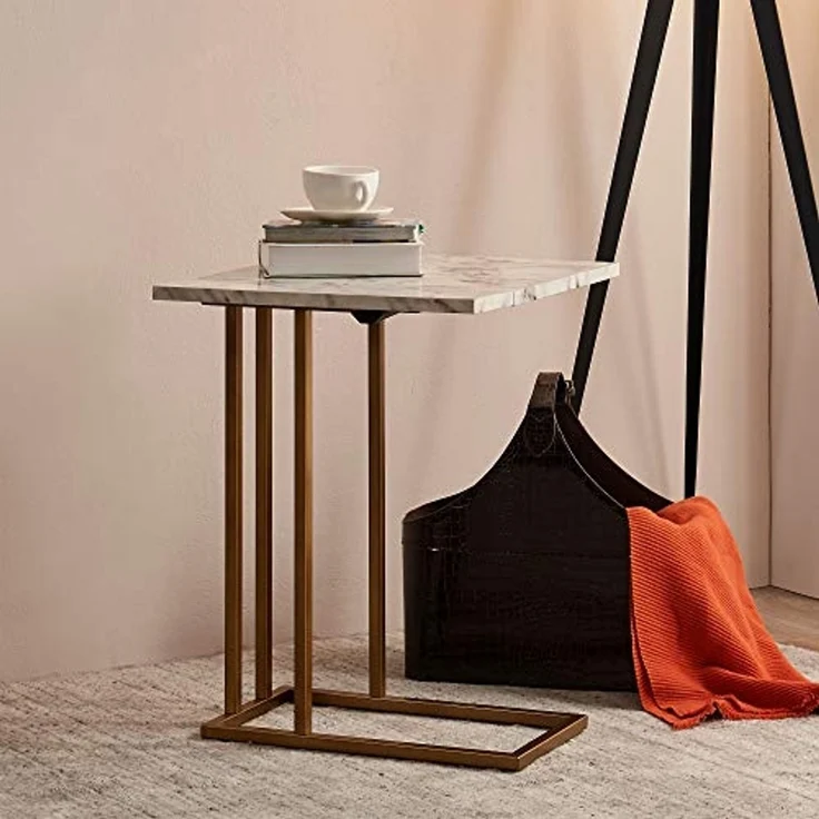Teamson Home C-förmiger Ausziehtisch mit Platte aus synthetischem Marmor, Messingfinish VNF-00037EX – Bild 2