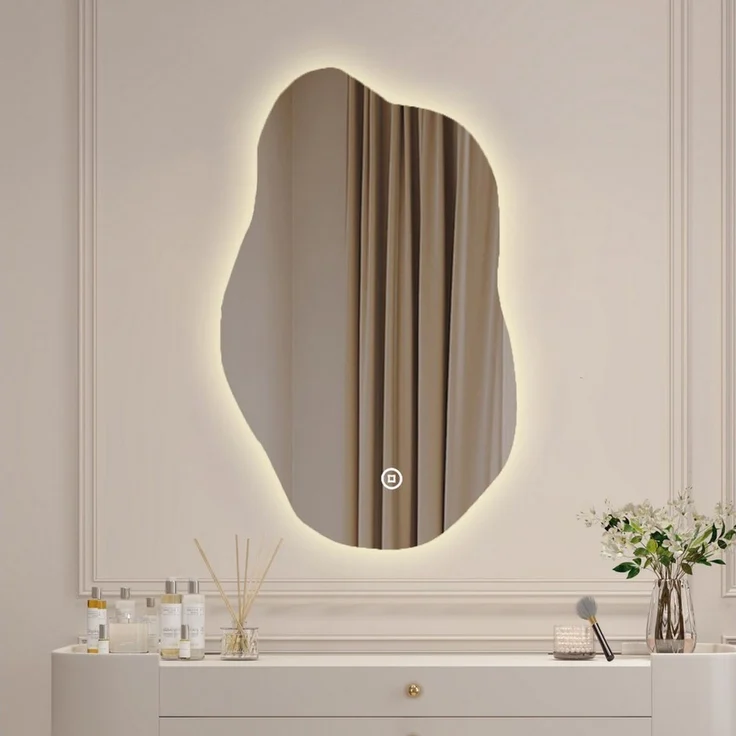 WDWRITTI Schminkspiegel mit beleuchtung wandmontage Spiegel mit beleuchtung für schminktisch (LED Spiegel Wandspiegel Asymmetrisch, Wolke, 62x90 cm, 52x85 cm), 3Lichtfarben, Dimmbar, Speicherfunktion – Bild 5