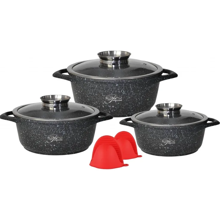Kochtopf Set 8 tlg Topf Glasdeckel Aluguss Ø20,24,28cm Platinum DAS-202428 sc.