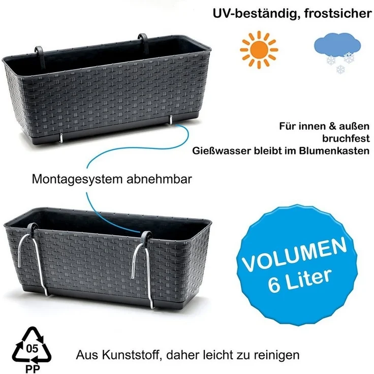 BigDean 2er Set Blumenkästen für Balkon-Geländer - Rattan-Optik - Anthrazit - Balkonkästen mit Metall-Halterung - 39 x 15,5 x 14 cm - inkl. Bewässerungssystem – Bild 2