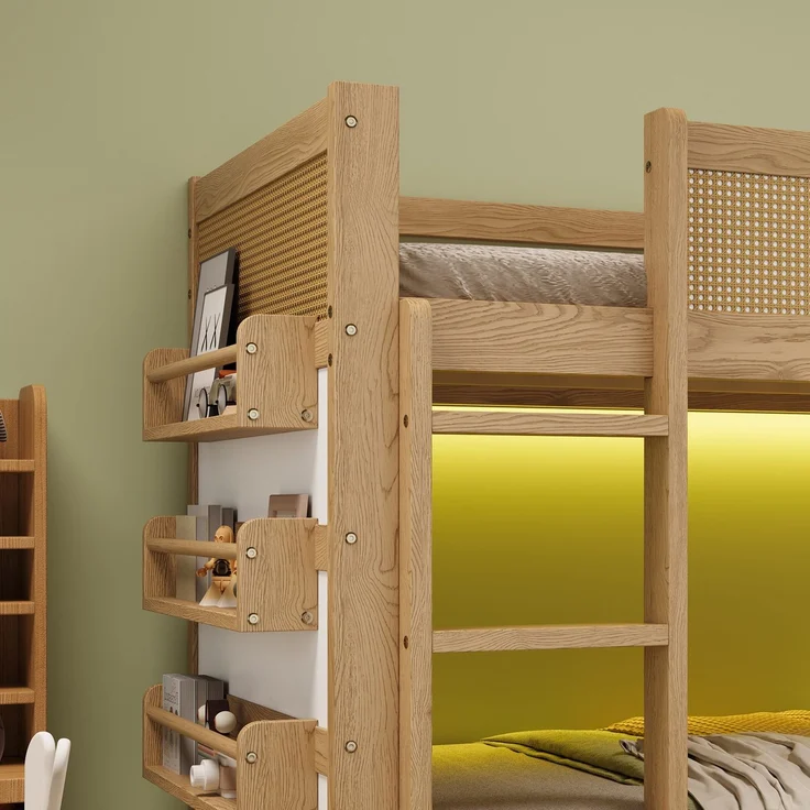 Hochbett mit RGB LED-Streifen, Regal, Rausfallschutz, Lattenrost und Trittleiter, 90x200 cm, Kinderbett, Kiefer – Bild 5