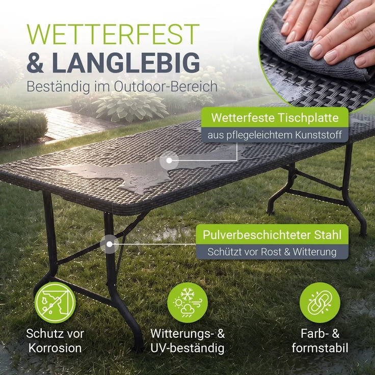 JUSKYS® Klappbarer Gartentisch Easyfold Schwarz - Wetterfester, Klapptisch mit Tragegriff, stabiler multifunktionaler Buffettisch, 180x74x74 cm, 200 kg belastbar – Bild 3