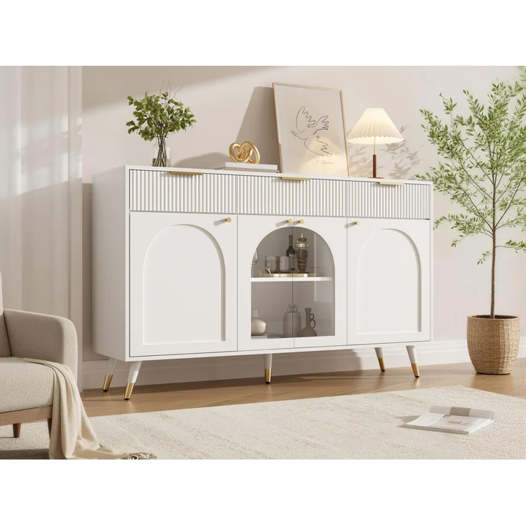 DESVIAE Sideboard Weiß aus MDF/Spanplatte – 140x85,5x40 cm – 4 Türen, 3 Schubladen – Bild 6