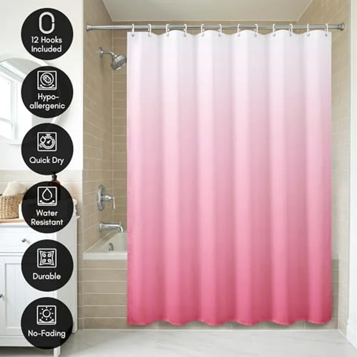 Americanflat Duschvorhang, 100% Polyester, wasserabweisend, mit Metallösen und 12 Duschvorhangringen, Farbverlauf, 180 x 180 cm, Rosa – Bild 4