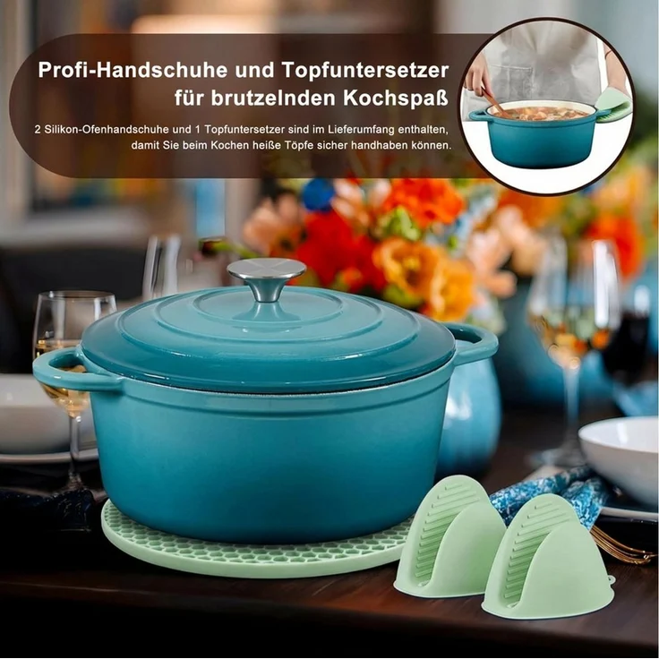 Zedelmaier Bräter Gusseisen Topf 22/24/26/28cm Incl. Silikon Topflappen Topfuntersetzer, (Set, 1 Pot mit 1 lid, 2 Ofenhandschuhe, 1 Topfuntersetzer), Backofengeeignet Induktionsgeeignet Zum Braten, Schmoren, Kochen – Bild 3
