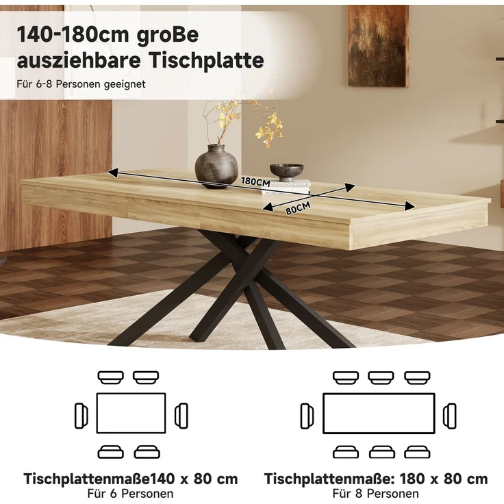 JARDJ Ausziehbarer Esstisch, 140/180*80 cm, geeignet für 6-8 Personen, rechte Form, verdickte Tischplatte, Metallbeine,einfacher Stil,Tisch für Esszimmer, Küche, Wohnzimmer, Eichenfarbe – Bild 7