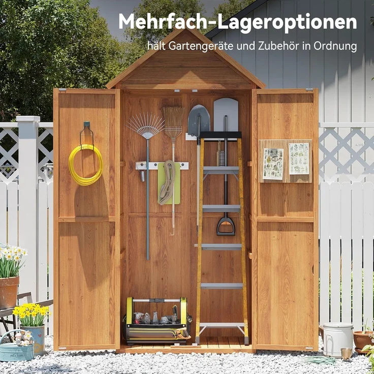Aoxun Geräteschuppen Holz 73x39x169cm mit Regalen, giebelförmiges Gartenhaus mit Asphaltdach & Doppeltüren, wetterfester Gartenschrank Outdoor für Balkon Terrasse Hinterhof,Natürlicher Holzfarbton – Bild 4