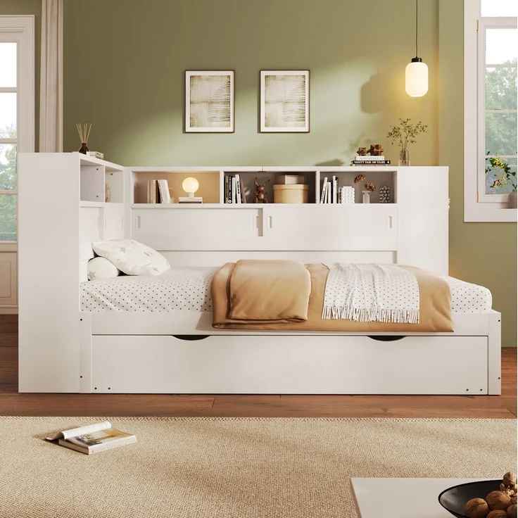 CHICFURN Bett 90x200 cm aus MDF und Spanplatte Weiß mit Ausziehbett, Stauraum und USB-Anschluss – Bild 6