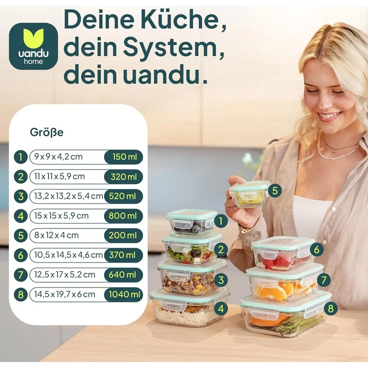 uandu home Frischhaltedose Glasbehälter mit Deckel, Frischhaltedosen Glas mit Deckel, (glasdosen mit deckel set, glas tupper mit deckel, glass food container, frischhaltedosen mit deckel glas, glasdose mit deckel, Borosilikatglas mit Deckel, Meal prep ... – Bild 2