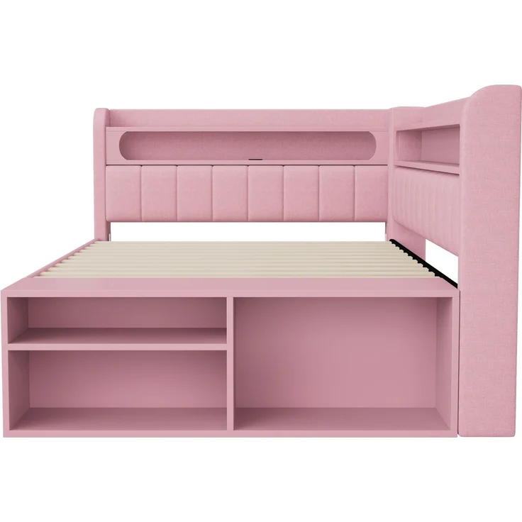 Merax Kinderbett, Einzelbett, Schlafsofa 90x200cm mit USB-Anschluss und LED-Lichtleiste, inklusive Schuhschrank und zwei Schubladen, Rosa – Bild 9